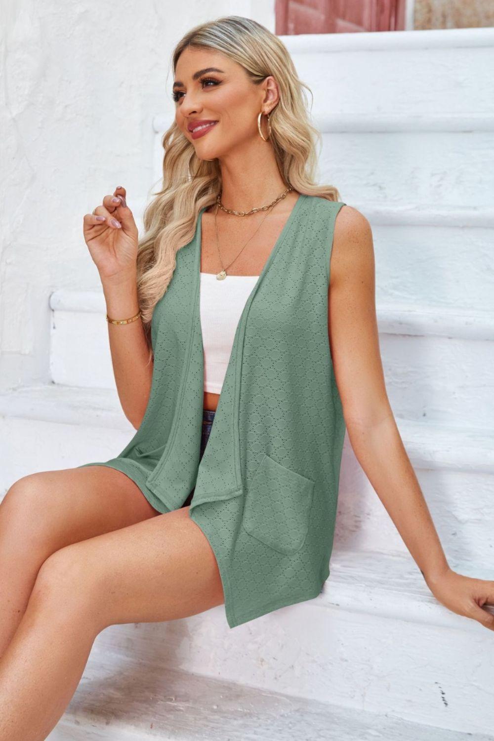 Eyelet Open Front Sleeveless Cardigan Carauana Store