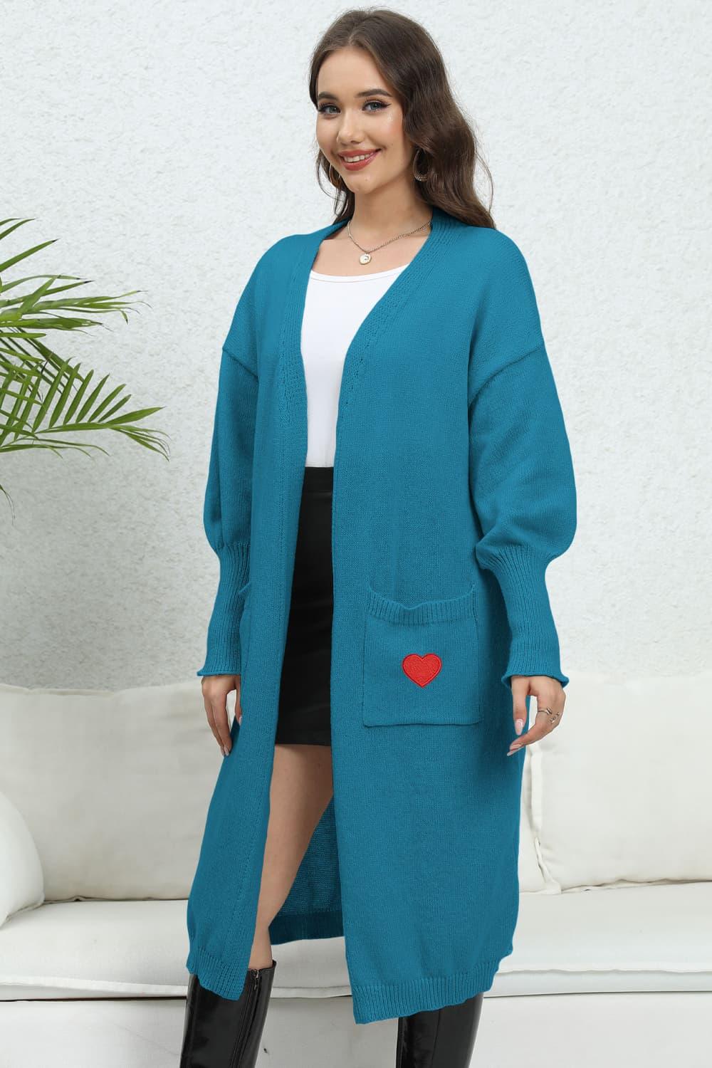 Lantern Sleeve Open Front Pocketed Cardigan Carauana Store