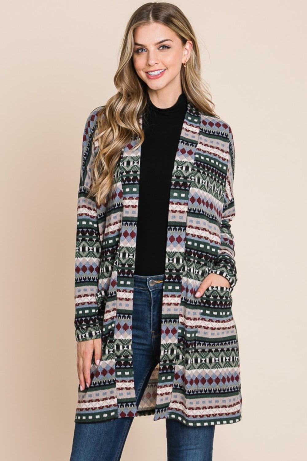 BOMBOM Geometric Open Front Long Sleeve Cardigan with Pockets Carauana Store