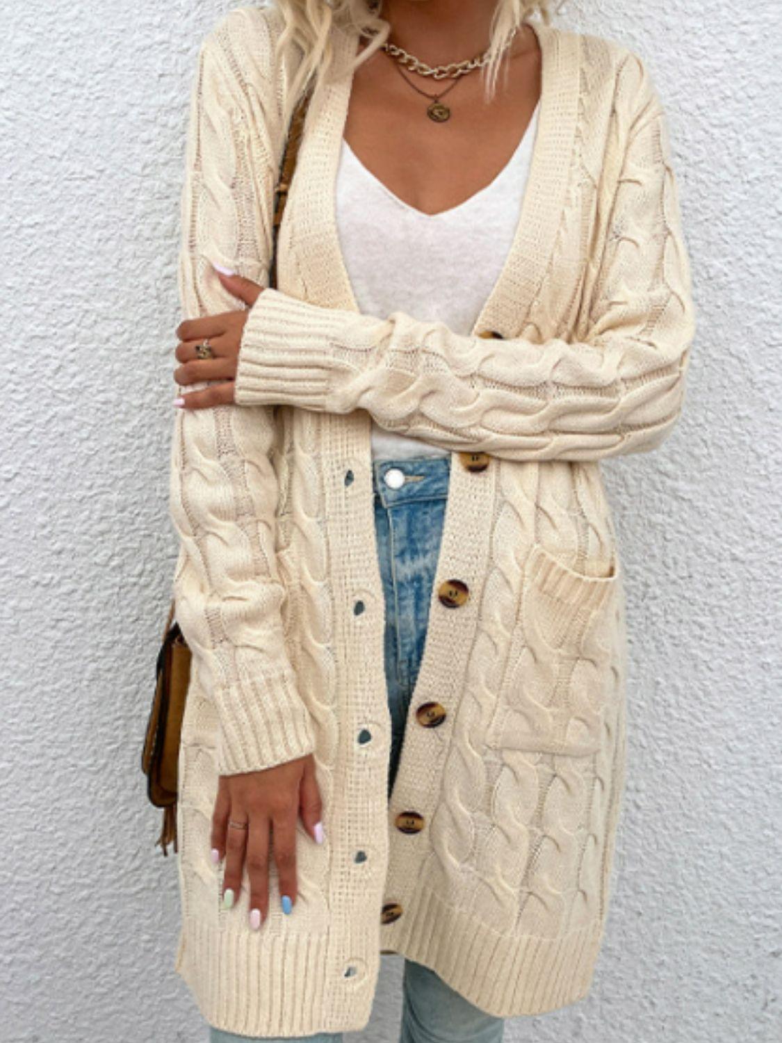 Cable-Knit Button Down Cardigan with Pockets Carauana Store