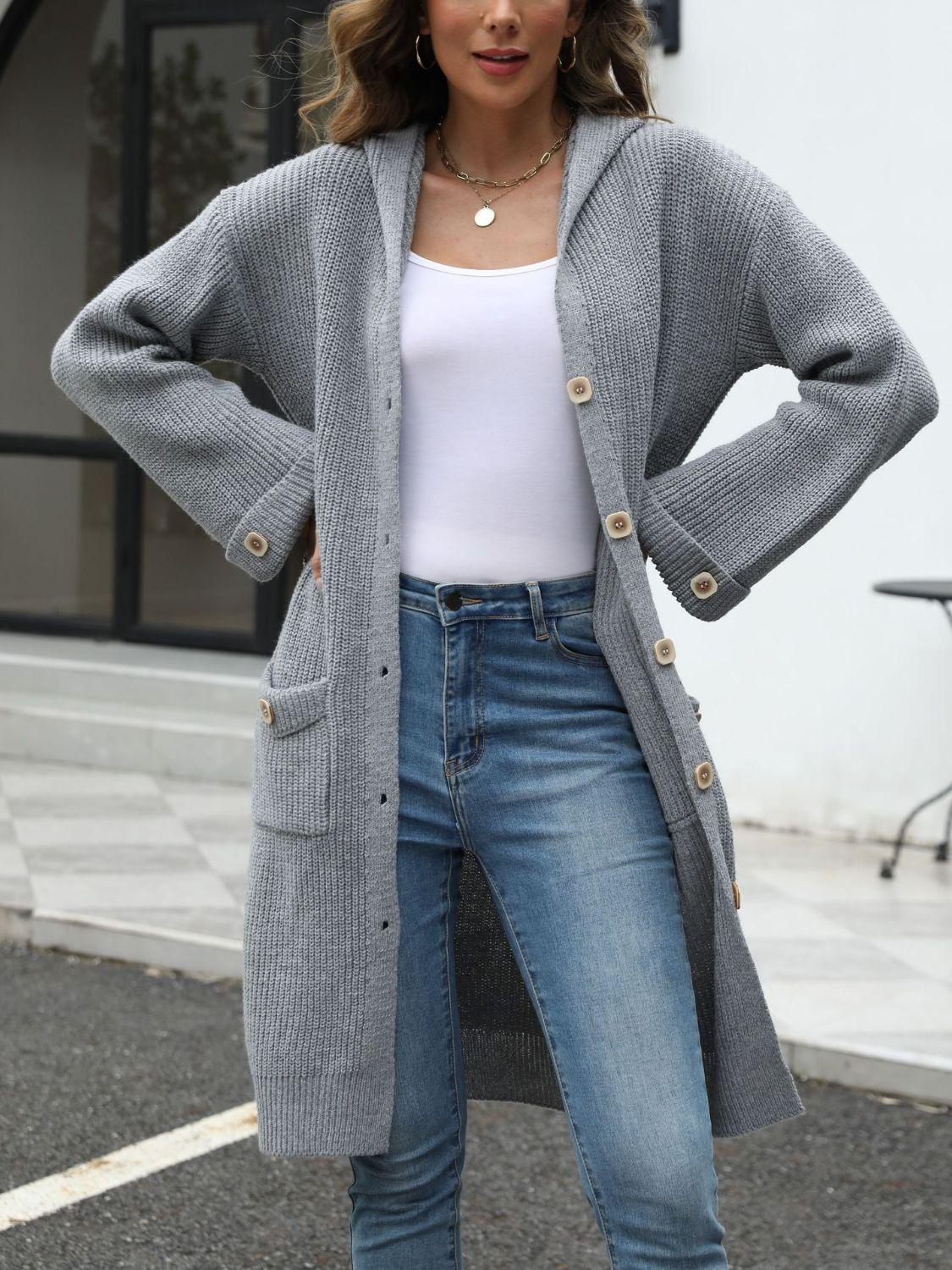 Pocketed Button Up Long Sleeve Hooded Cardigan Carauana Store