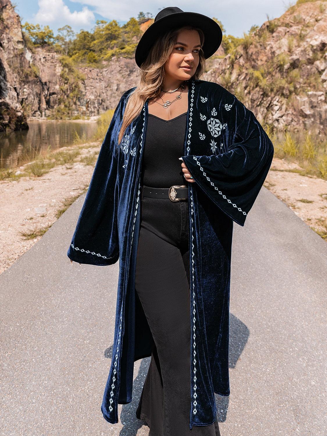 Plus Size Embroidery Open Front Long Sleeve Cardigan Carauana Store