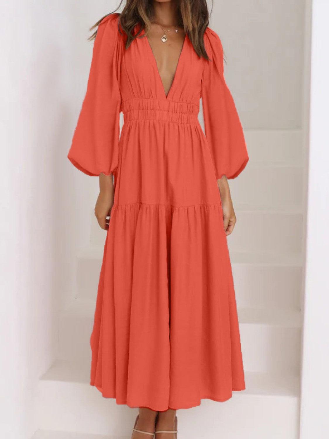 Deep V-Neck Balloon Sleeve Plain Maxi Dress Carauana Store