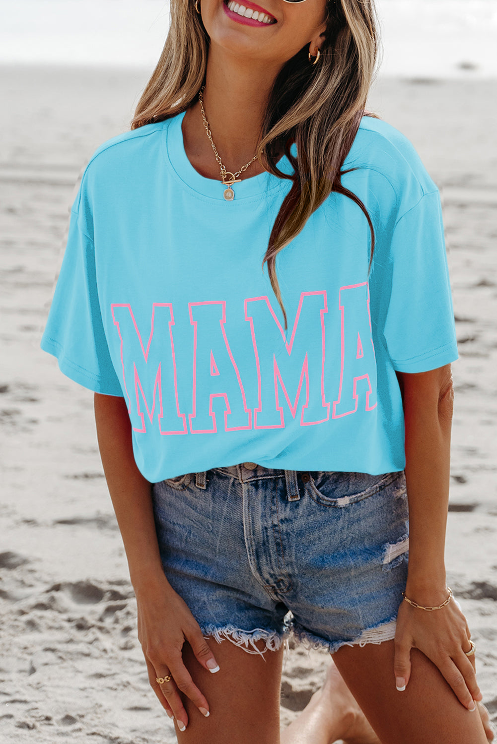 Light Blue MAMA Letter Graphic Neon T Shirt