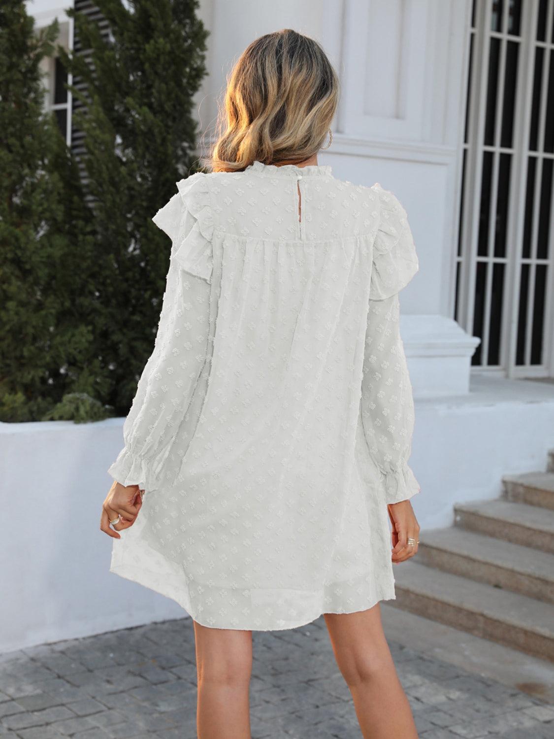 Swiss Dot Mock Neck Flounce Sleeve Dress Carauana Store