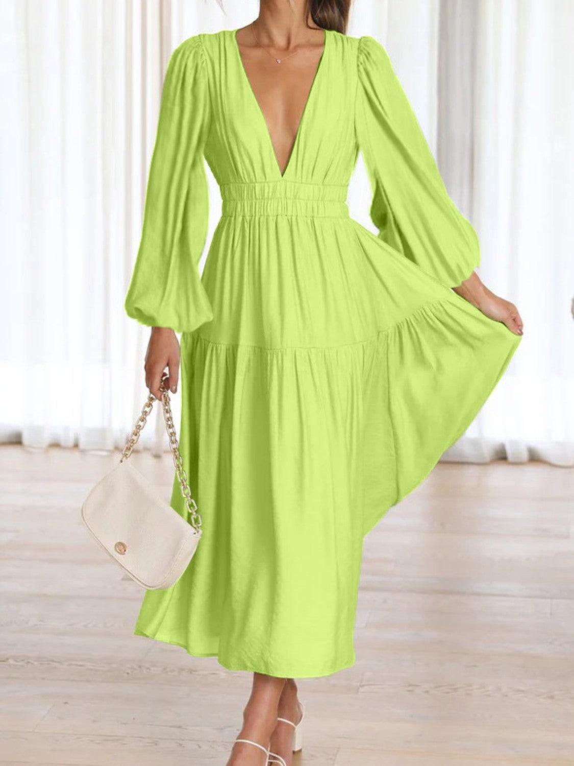 Deep V-Neck Balloon Sleeve Plain Maxi Dress Carauana Store