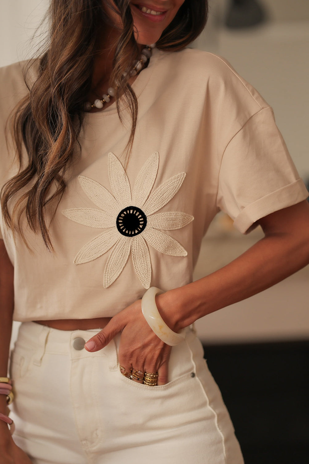 Oatmeal Contrast Crochet Floral Graphic Drop Shoulder Loose Tee