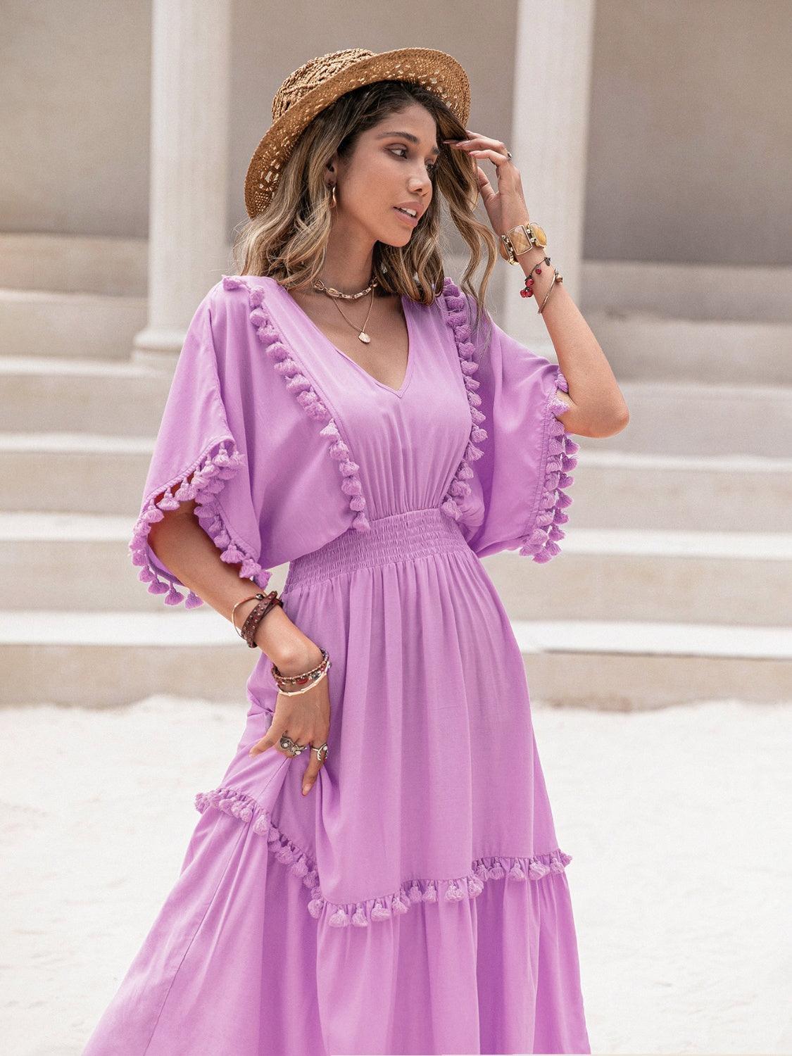Tassel Trim Smocked V-Neck Short Sleeve Dress Carauana Store