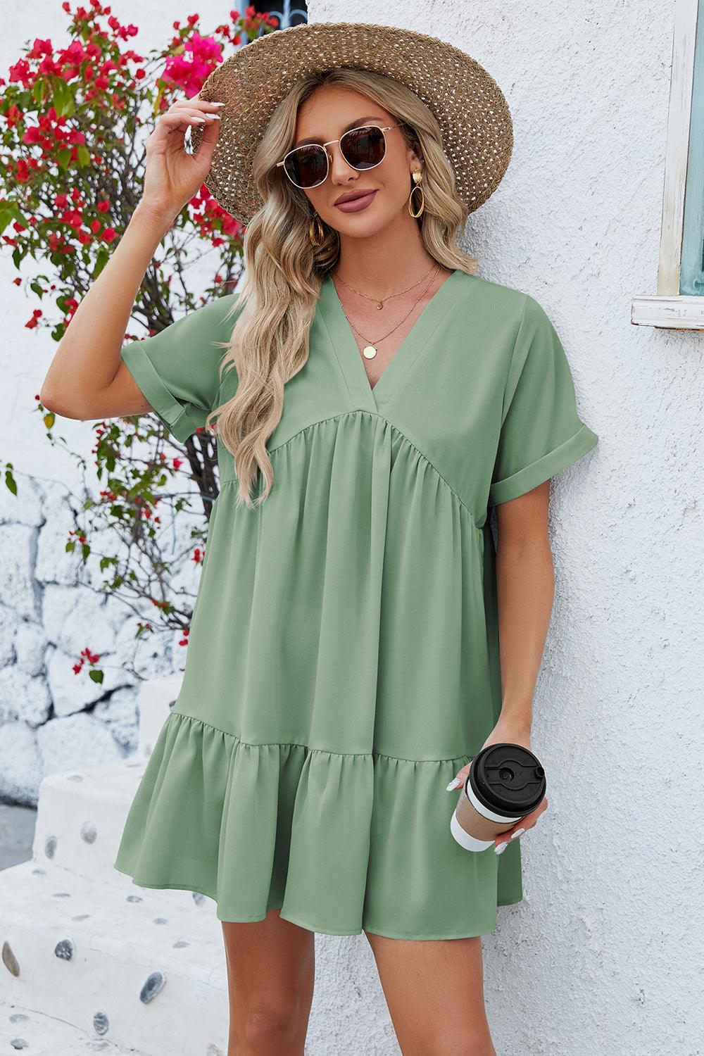 Ruched Tiered V-Neck Short Sleeve Mini Dress Carauana Store