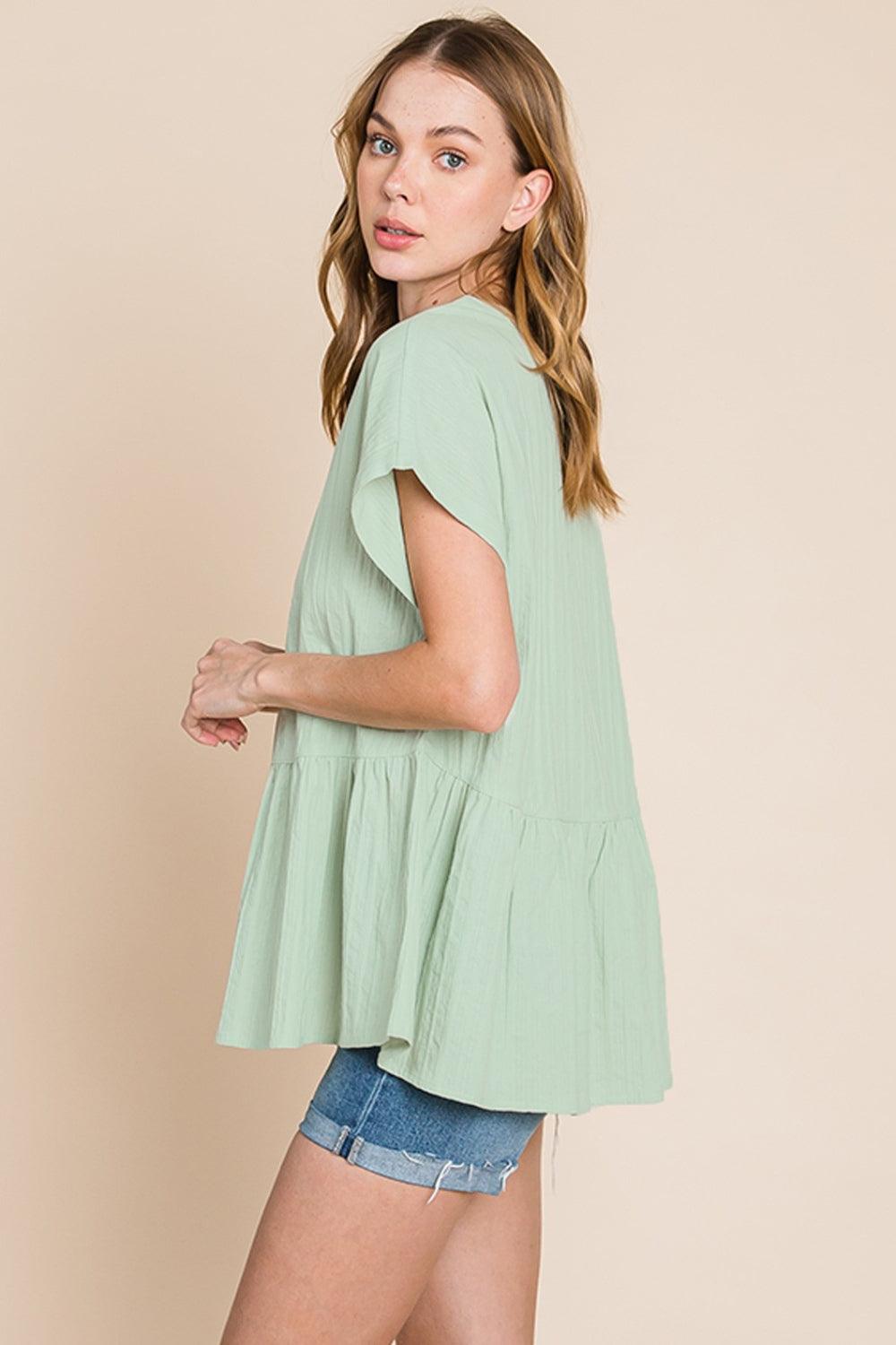 Cotton Bleu by Nu Lab Ruched Notched Short Sleeve Blouse Carauana Store