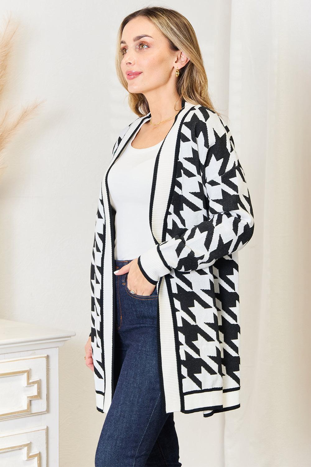 Mandy Woven Right Houndstooth Open Front Longline Cardigan Carauana Store