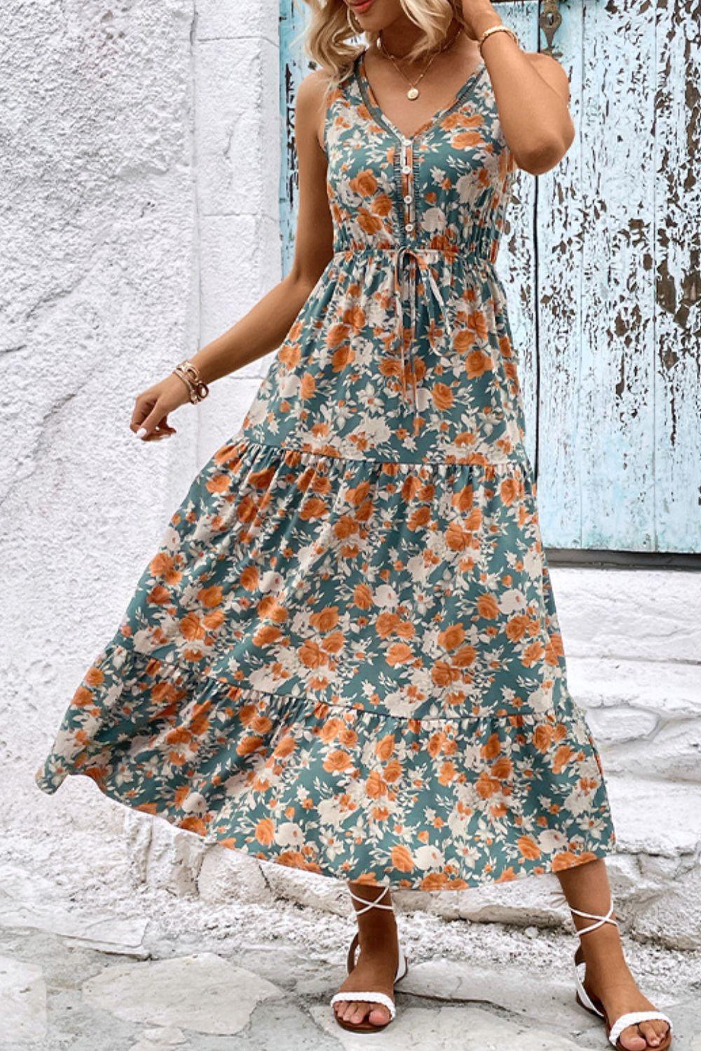 Floral V-Neck Tiered Sleeveless Dress Carauana Store