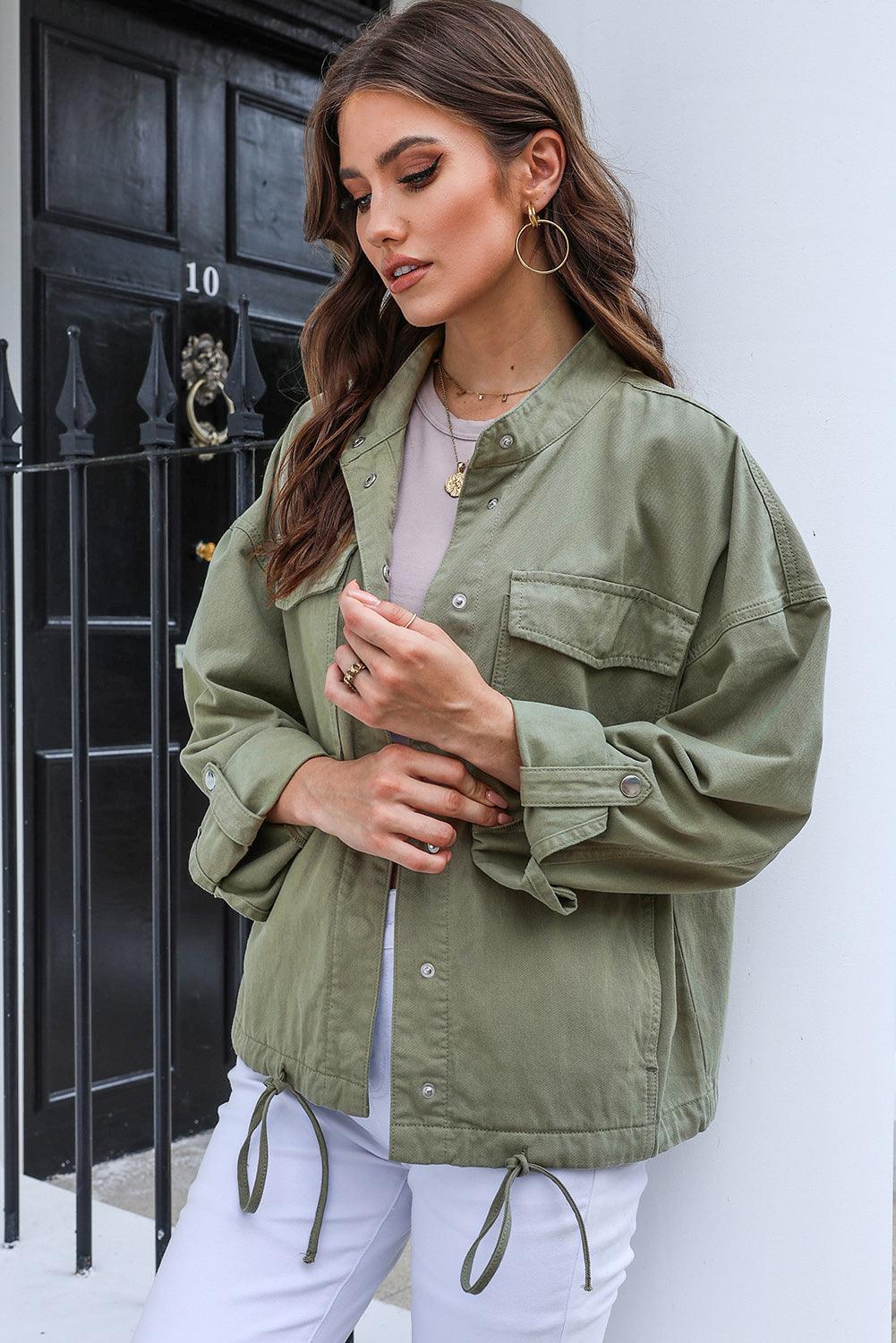 Drawstring Snap Down Dropped Shoulder Denim Jacket Carauana Store