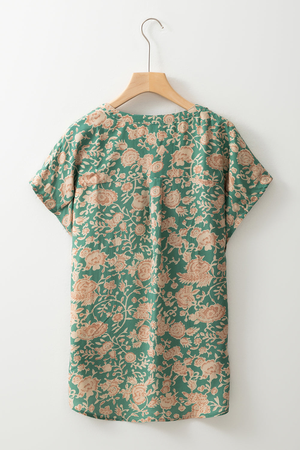 Green Floral Print Pleated Buttoned V Neck Short Sleeve Blouse