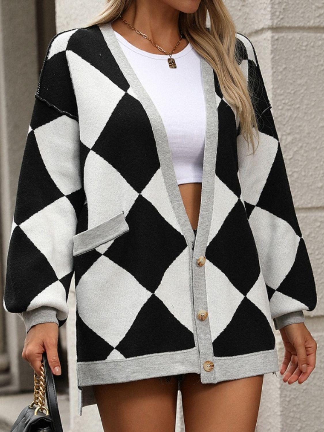 Checkered Dropped Shoulder Long Sleeve Cardigan Carauana Store