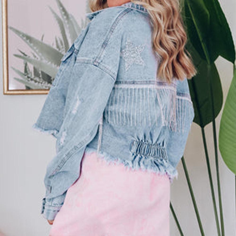 Distressed Raw Hem Denim Jacket Carauana Store