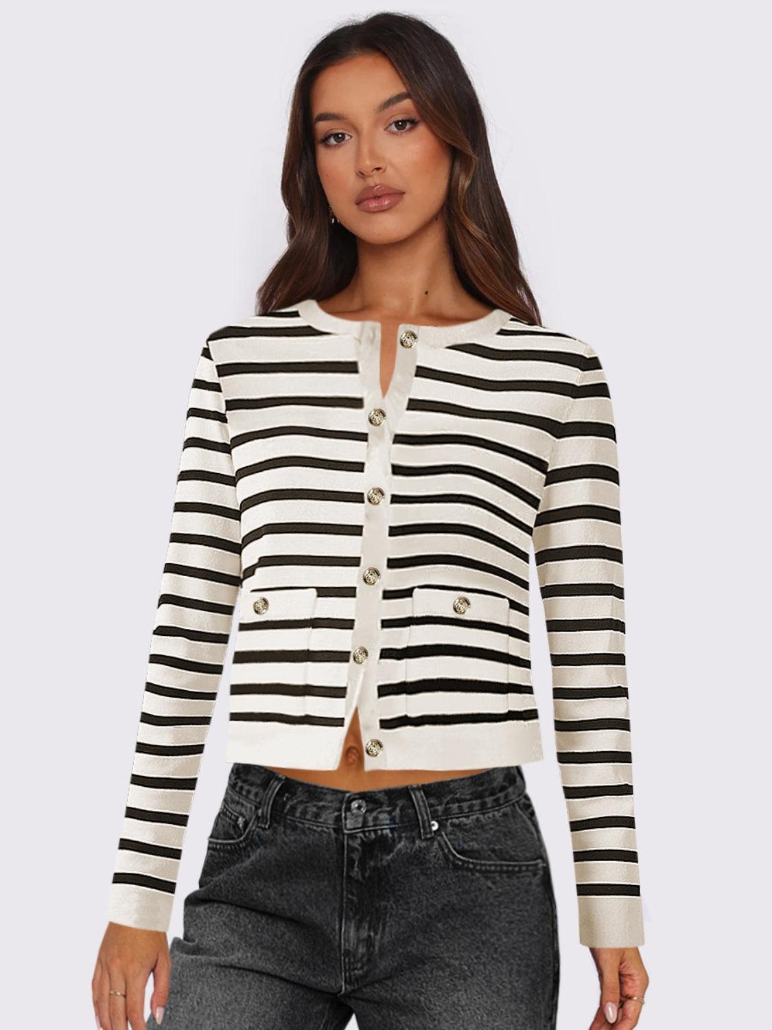 Striped Round Neck Button Up Long Sleeve Cardigan Carauana Store
