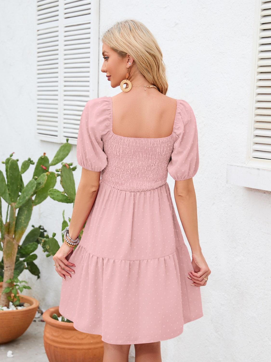 Swiss Dot Smocked Square Neck Dress Carauana Store