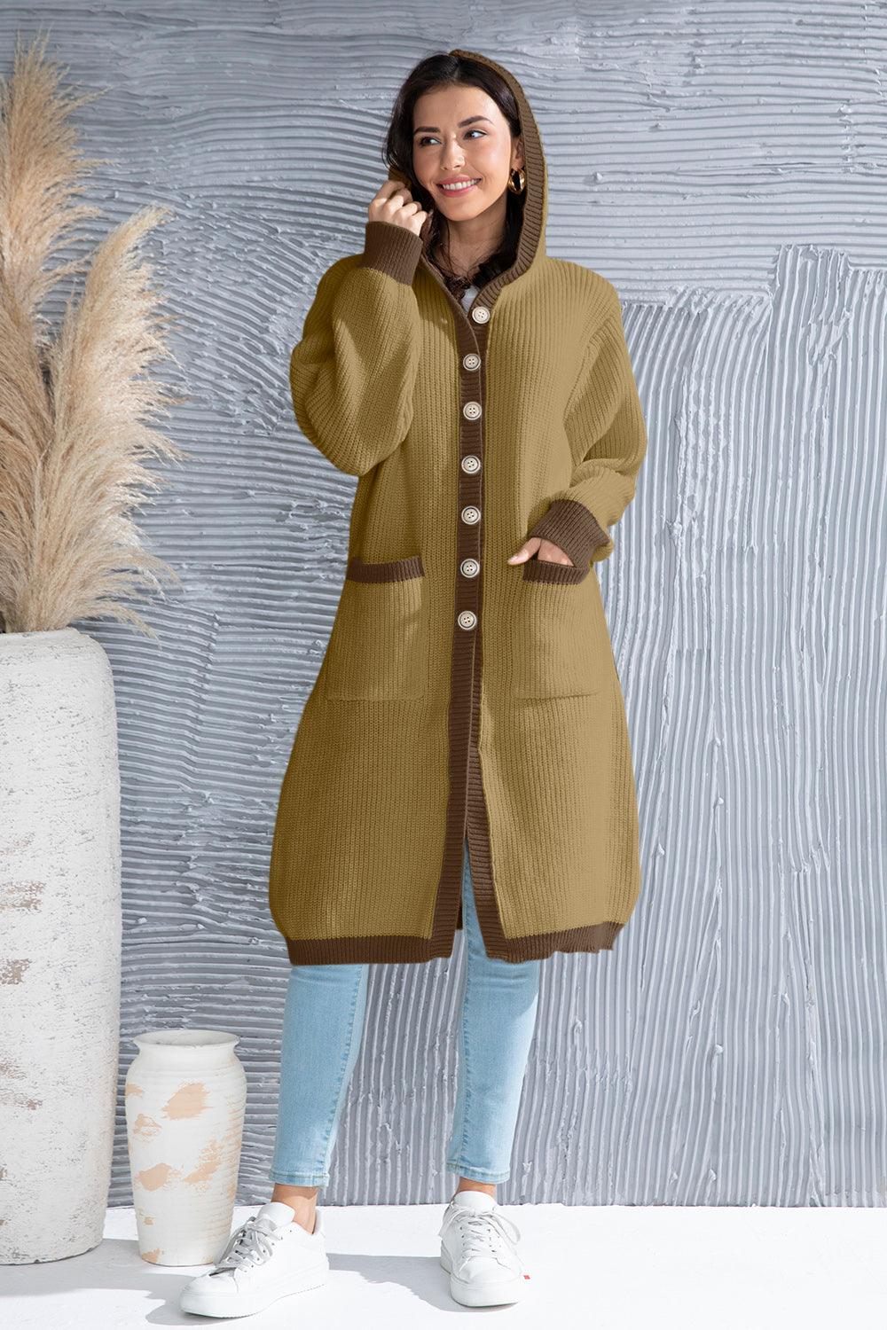 Button Up Contrast Trim Hooded Cardigan Carauana Store