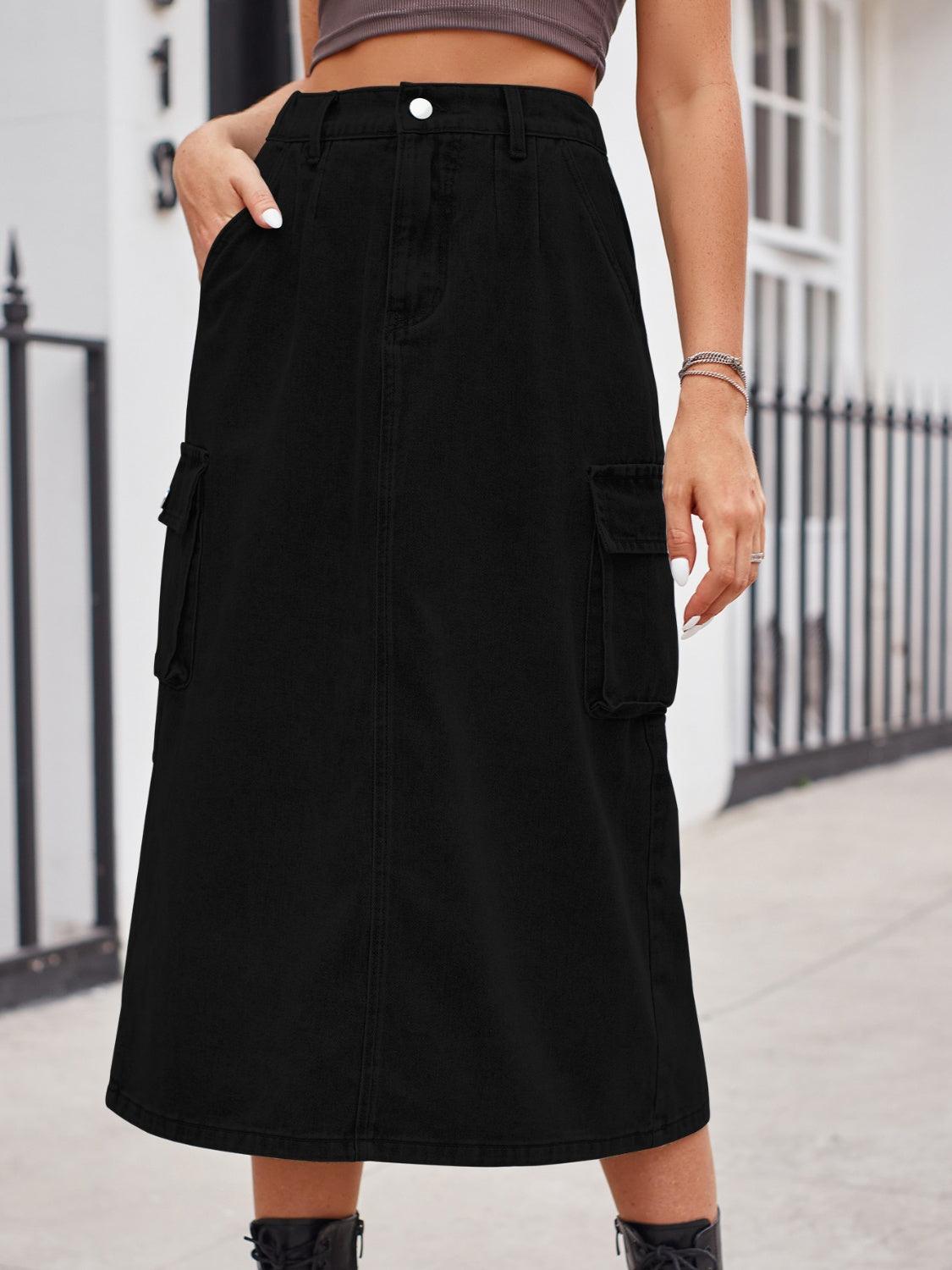 Slit Buttoned Denim Skirt with Pockets Carauana Store