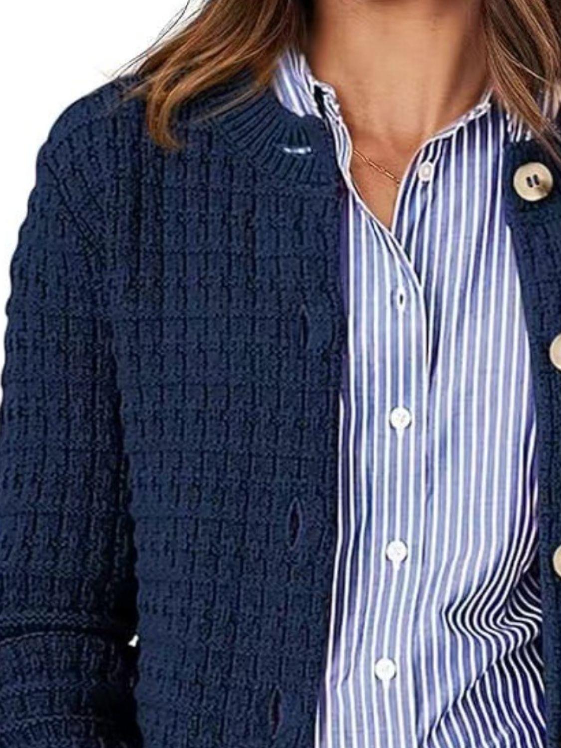 Button Up Round Neck Long Sleeve Cardigan Carauana Store
