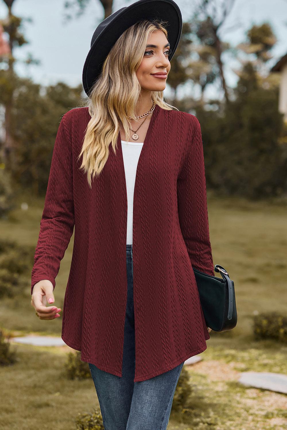 Textured Open Front Long Sleeve Cardigan Carauana Store
