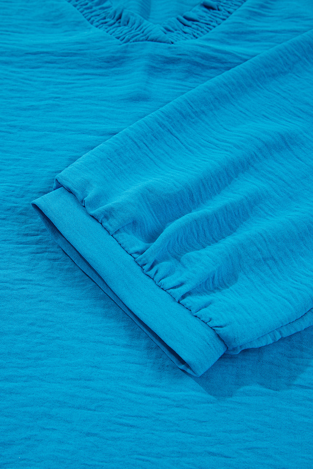 Sky Blue Frilled V Neckline Bracelet Sleeve Crinkled Blouse