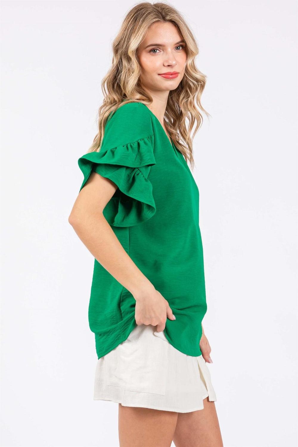 GeeGee Ruffled Short Sleeve V-Neck Blouse Carauana Store