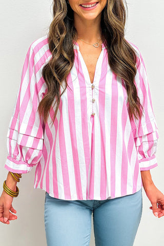 Rose Stripe Split Neck Button Decor Front Puff Sleeve Blouse