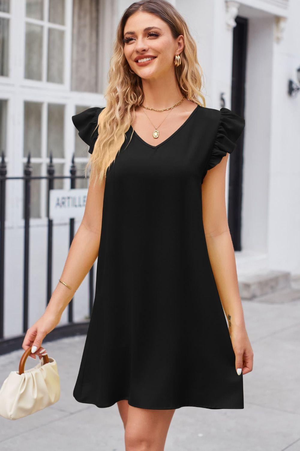 Ruffled V-Neck Flutter Sleeve Dress Carauana Store