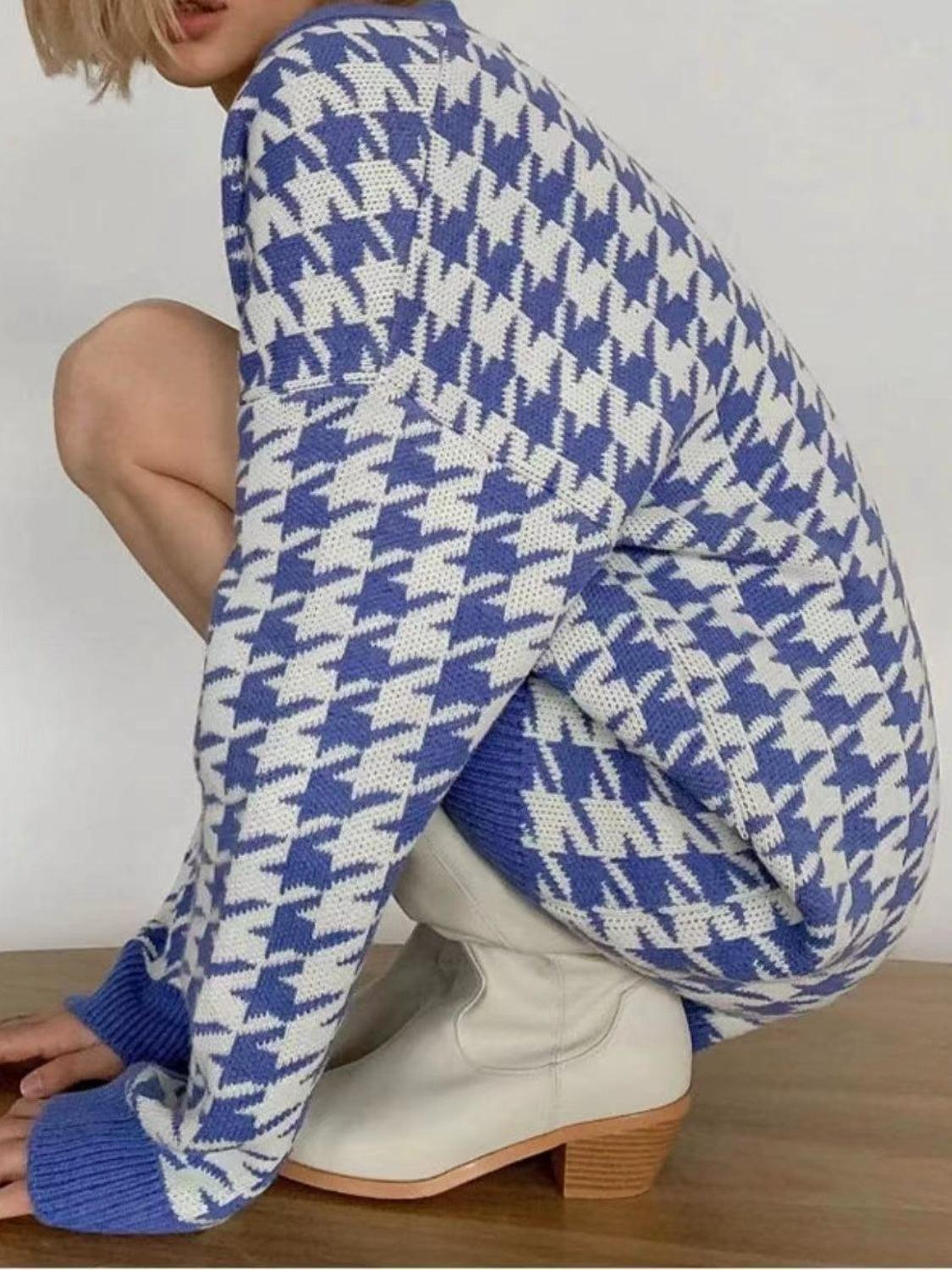 Houndstooth Button Up Long Sleeve Cardigan Carauana Store