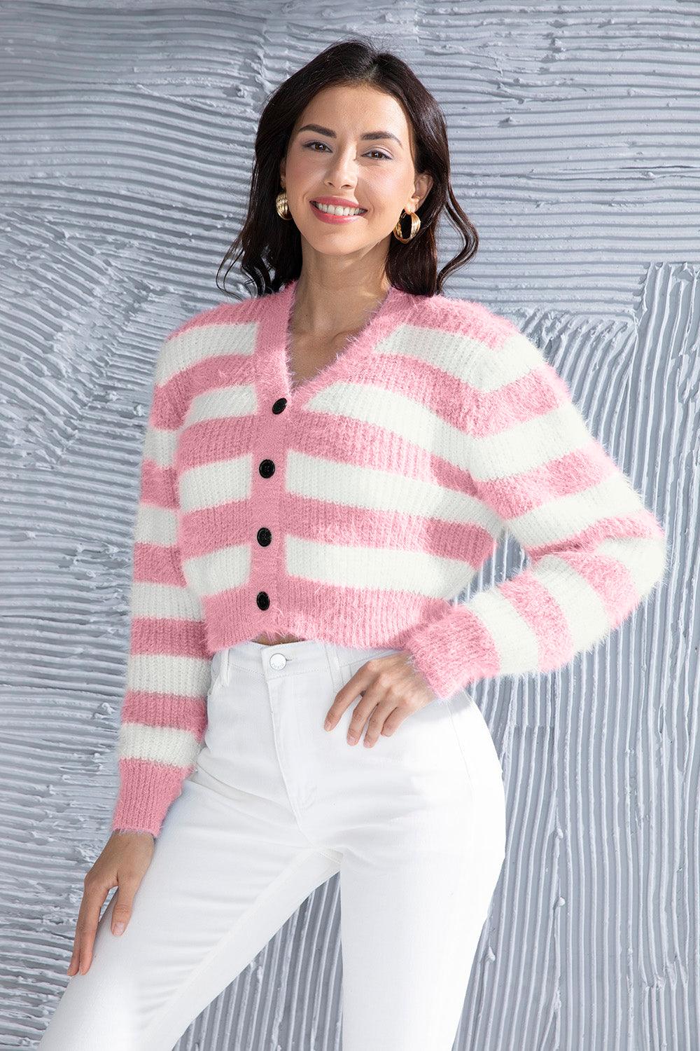 Striped Button Up Cropped Cardigan Carauana Store