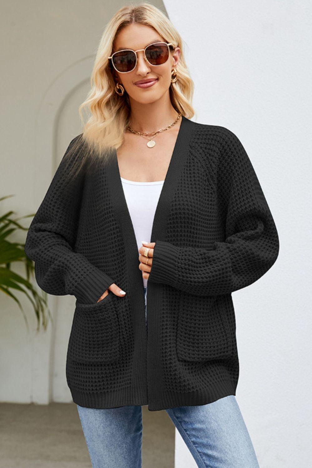 Open Front Raglan Sleeve Pocketed Cardigan Carauana Store