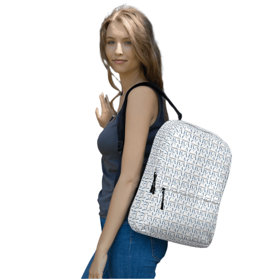 Woman carrying a white backpack with black patterns on a white background
