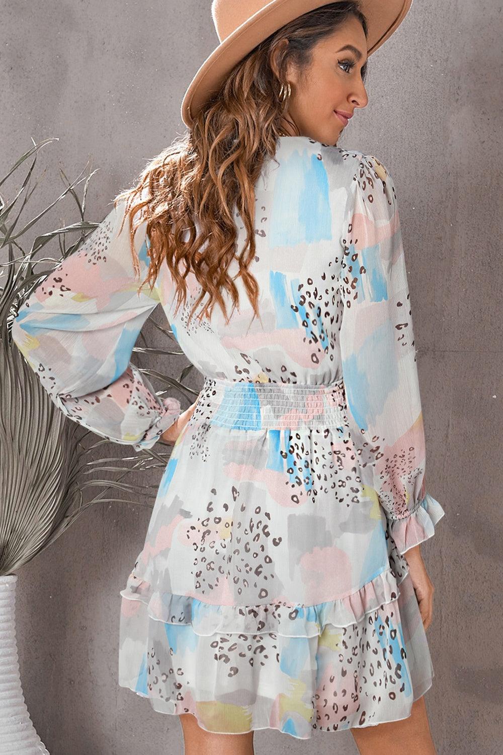 Printed Flounce Sleeve Mini Dress Carauana Store