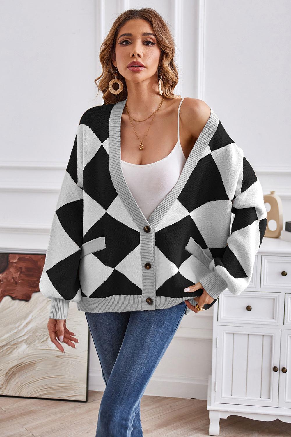 Geometric Lantern Sleeve Cardigan with Pockets Carauana Store
