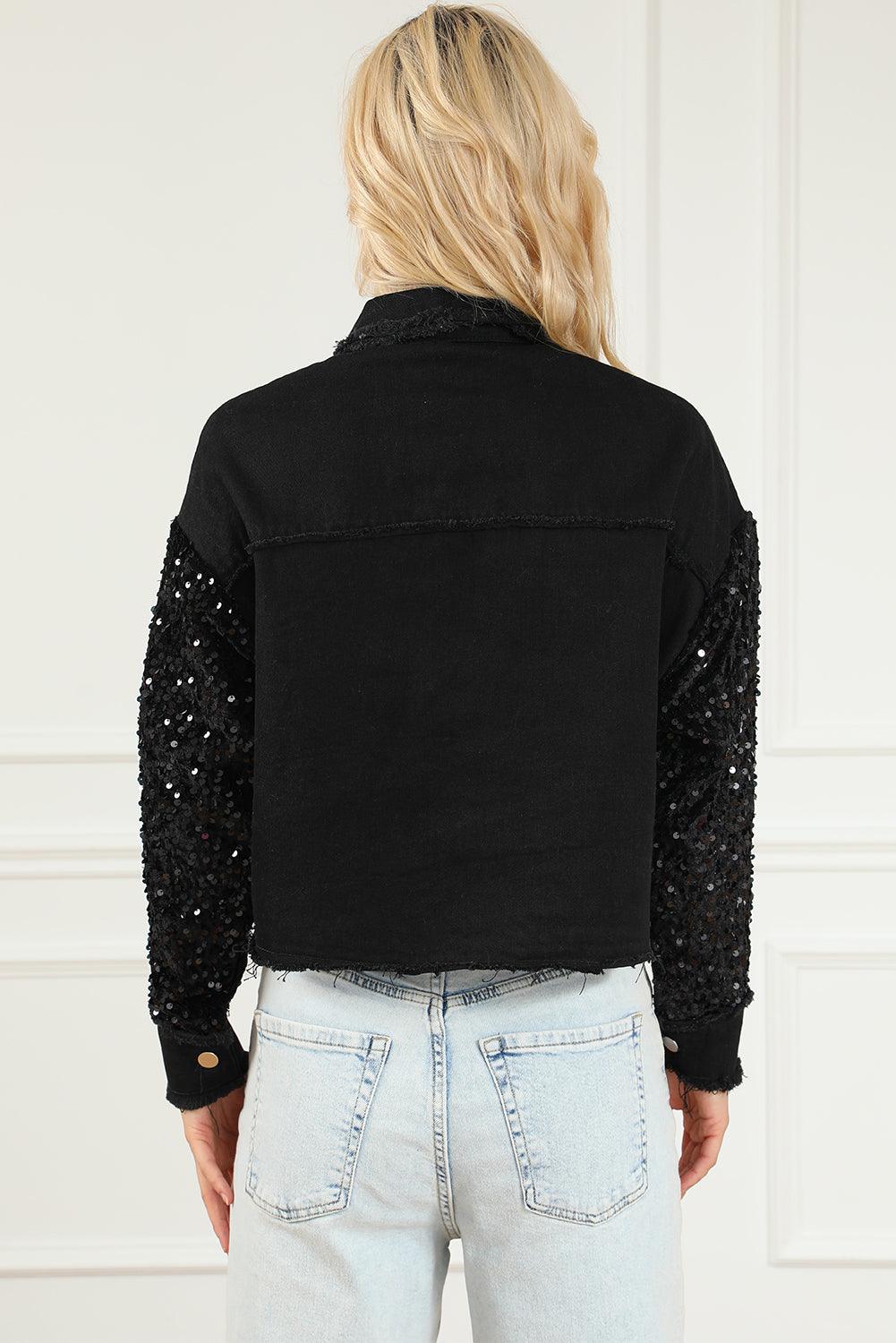 Sequin Button Up Raw Hem Denim Jacket Carauana Store