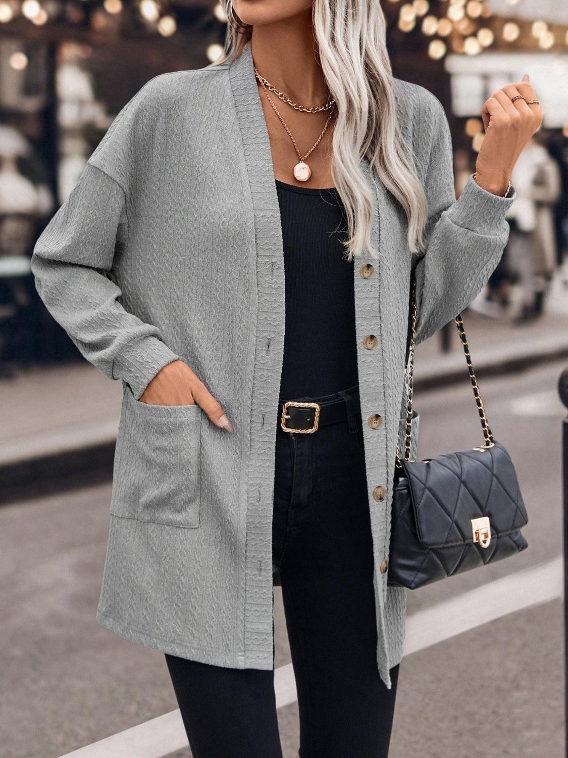 Textured Button Down V-Neck Long Sleeve Cardigan Carauana Store