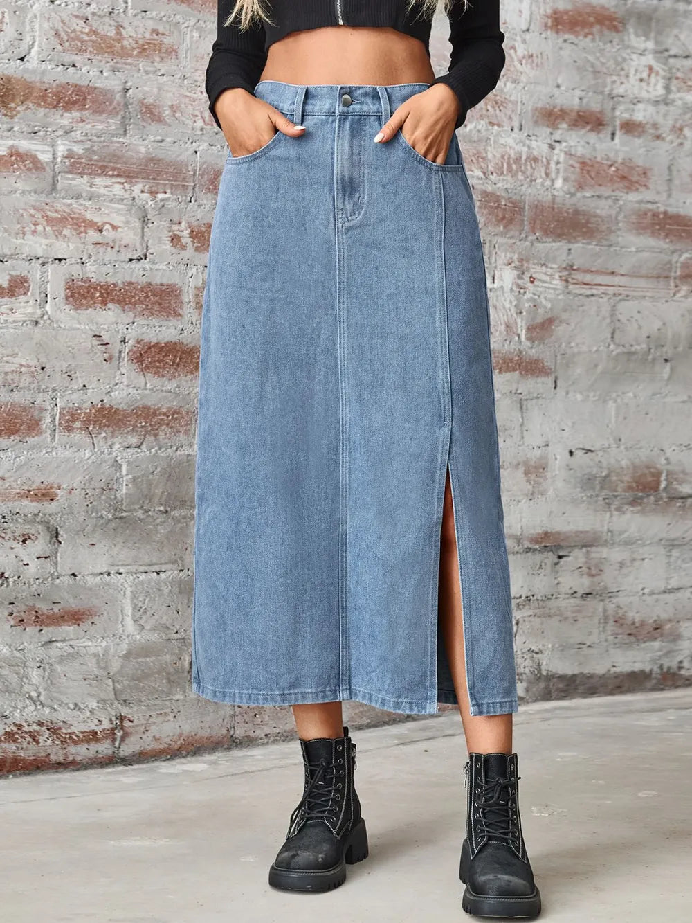 Slit High Waist Denim Skirt with Pockets Carauana Store