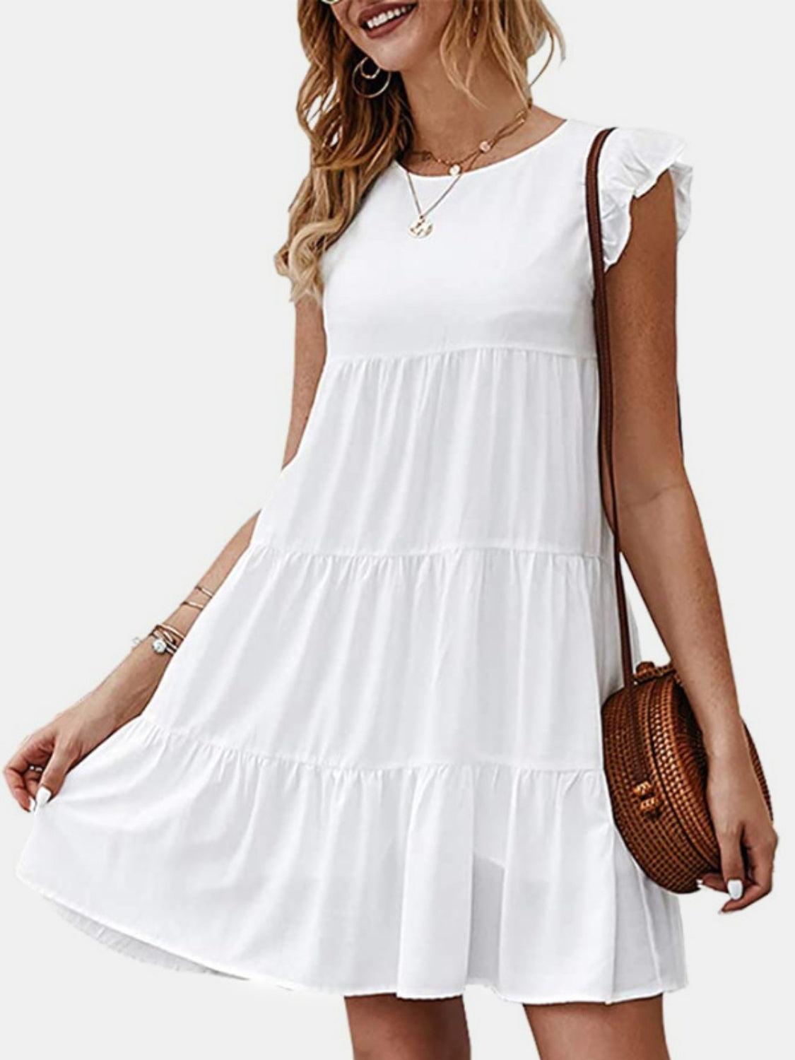 Ruffled Round Neck Cap Sleeve Mini Dress Carauana Store