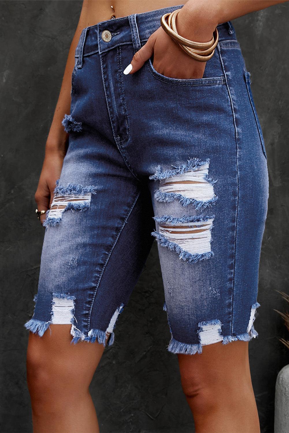 Distressed Frayed Hem Denim Bermuda Shorts Carauana Store