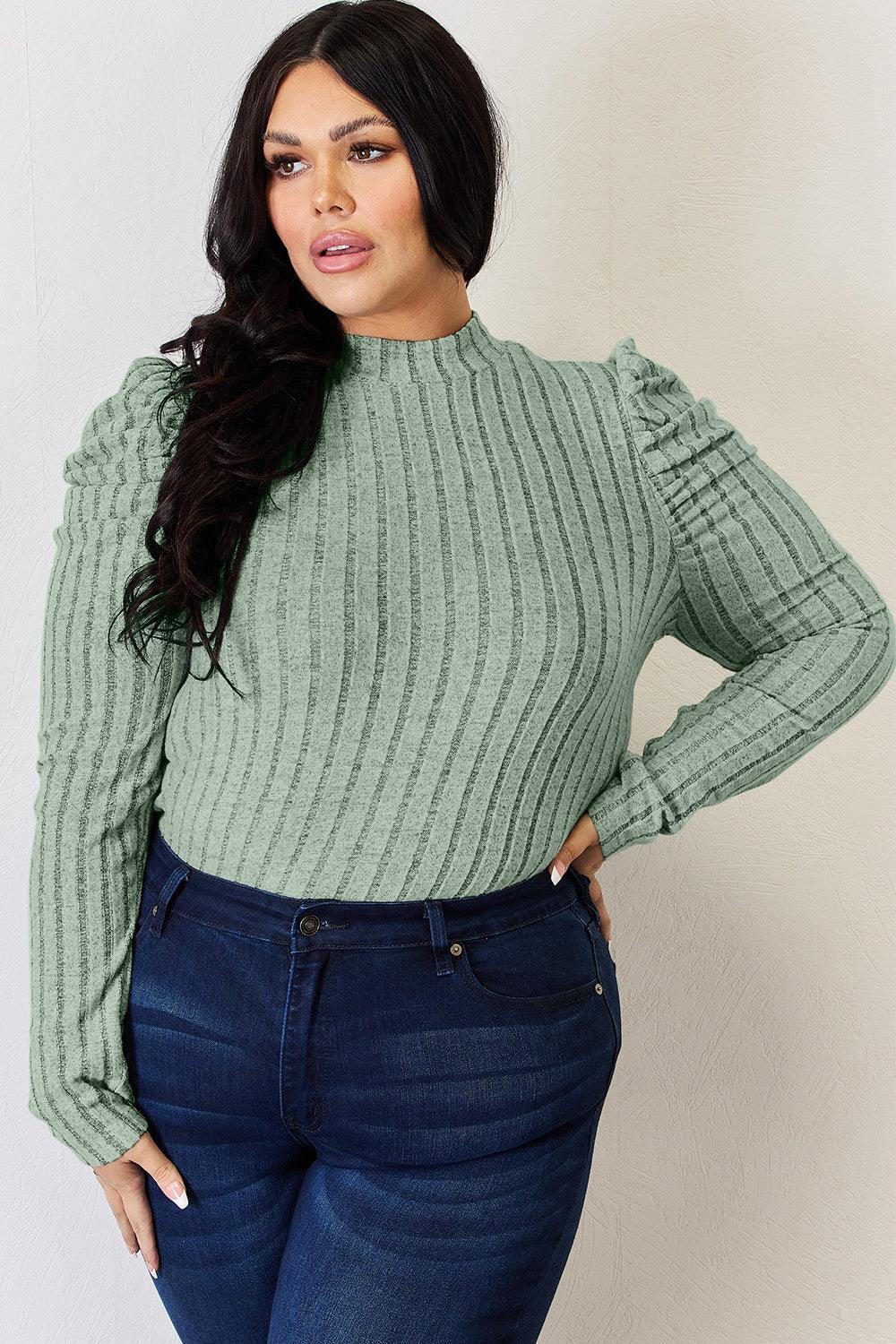 Basic Bae Full Size Ribbed Mock Neck Puff Sleeve T-Shirt Carauana Store