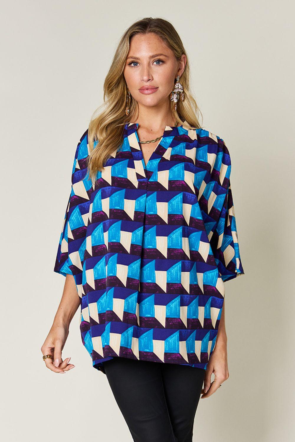 Double Take Full Size Geometric Notched Half Sleeve Blouse Carauana Store