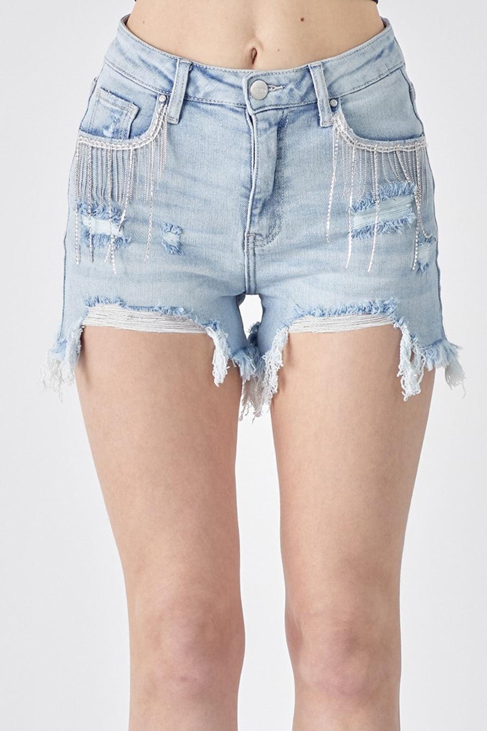 RISEN Frayed Hem Denim Shorts with Fringe Detail Pockets Carauana Store