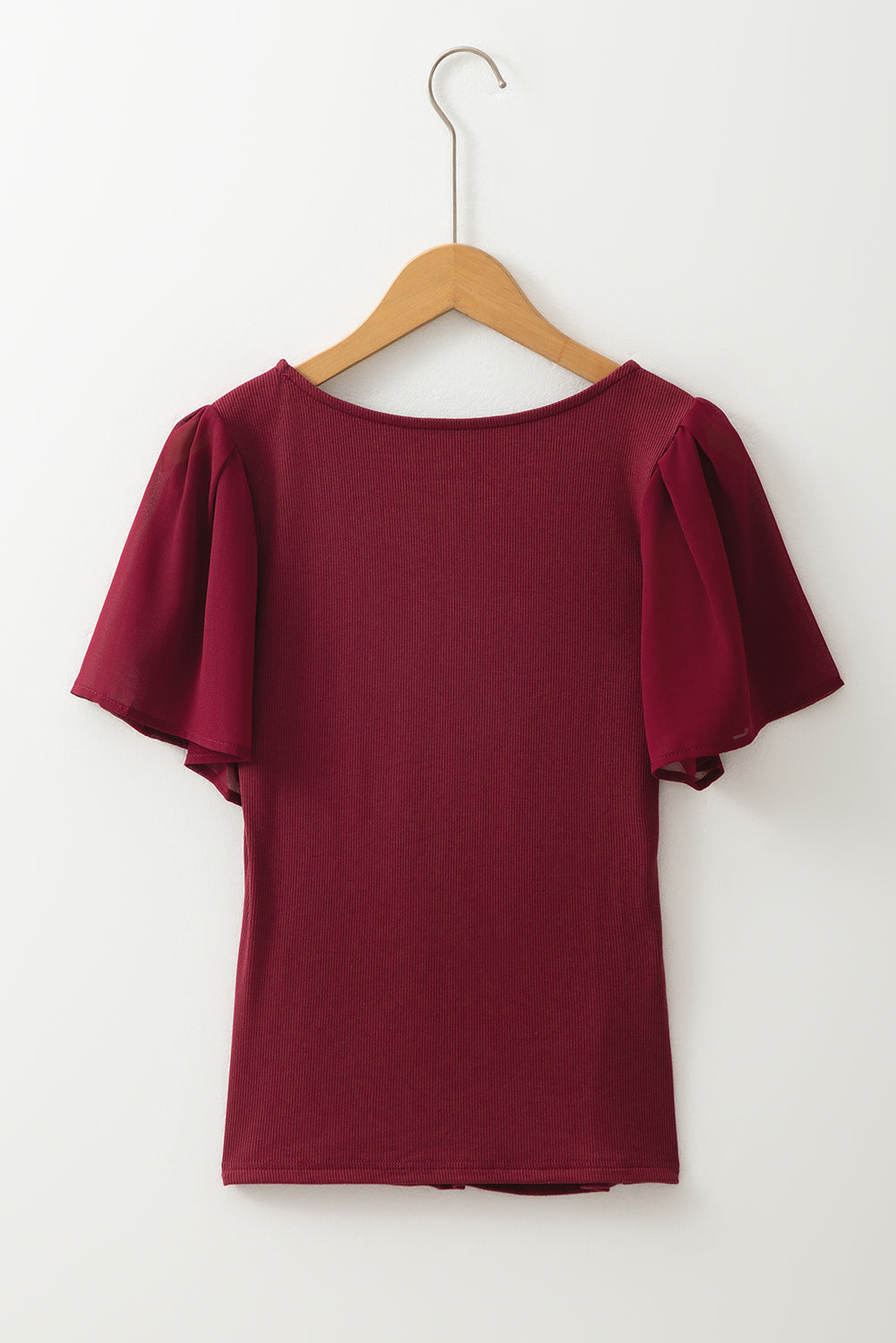 Red Dahlia Mesh Ruffled Sleeve Slim Fit V Neck Top