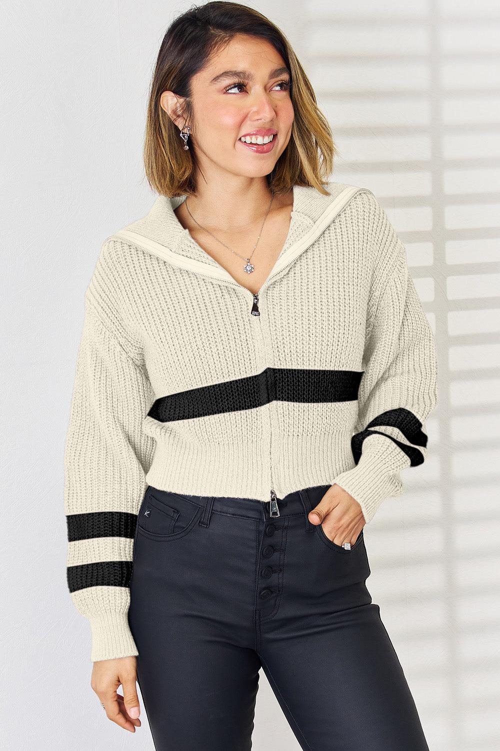 Striped Zip Up Dropped Shoulder Cardigan Carauana Store