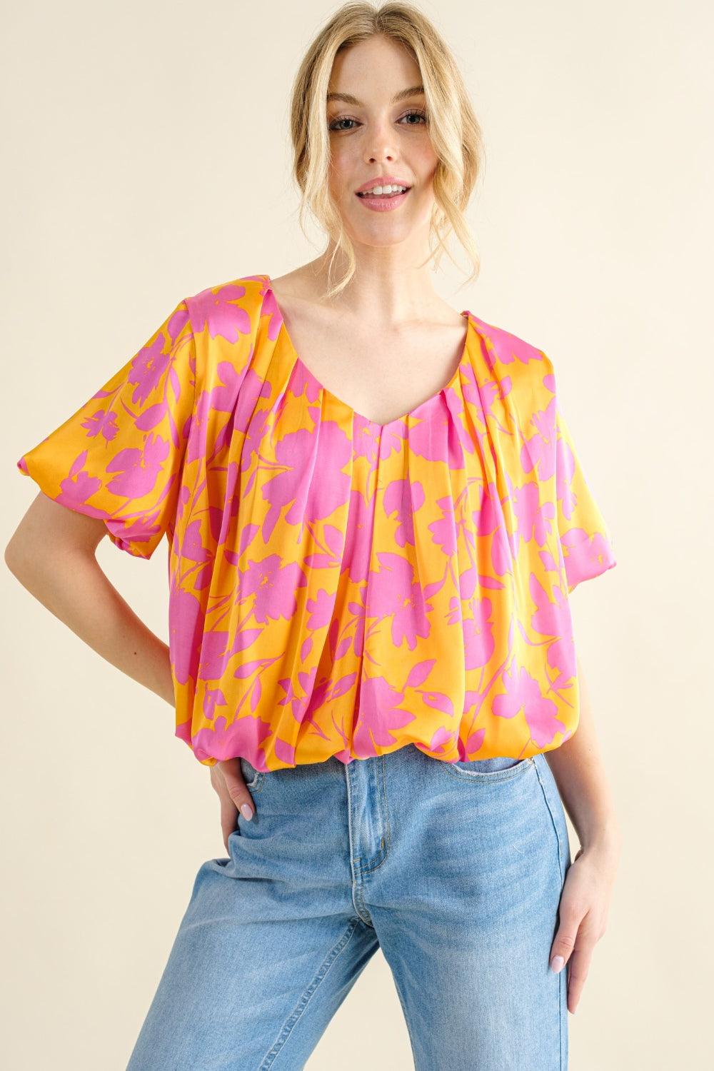 And The Why Full Size Printed Satin Bubble Hem Top Carauana Store