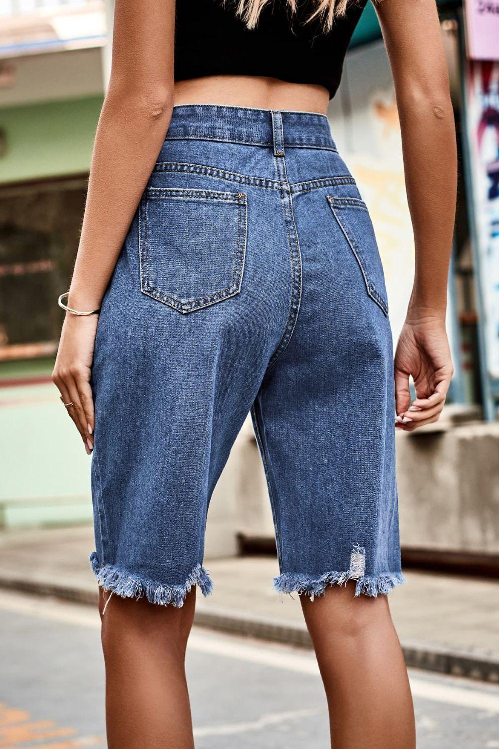 Raw Hem High Waist Denim Shorts with Pockets Carauana Store