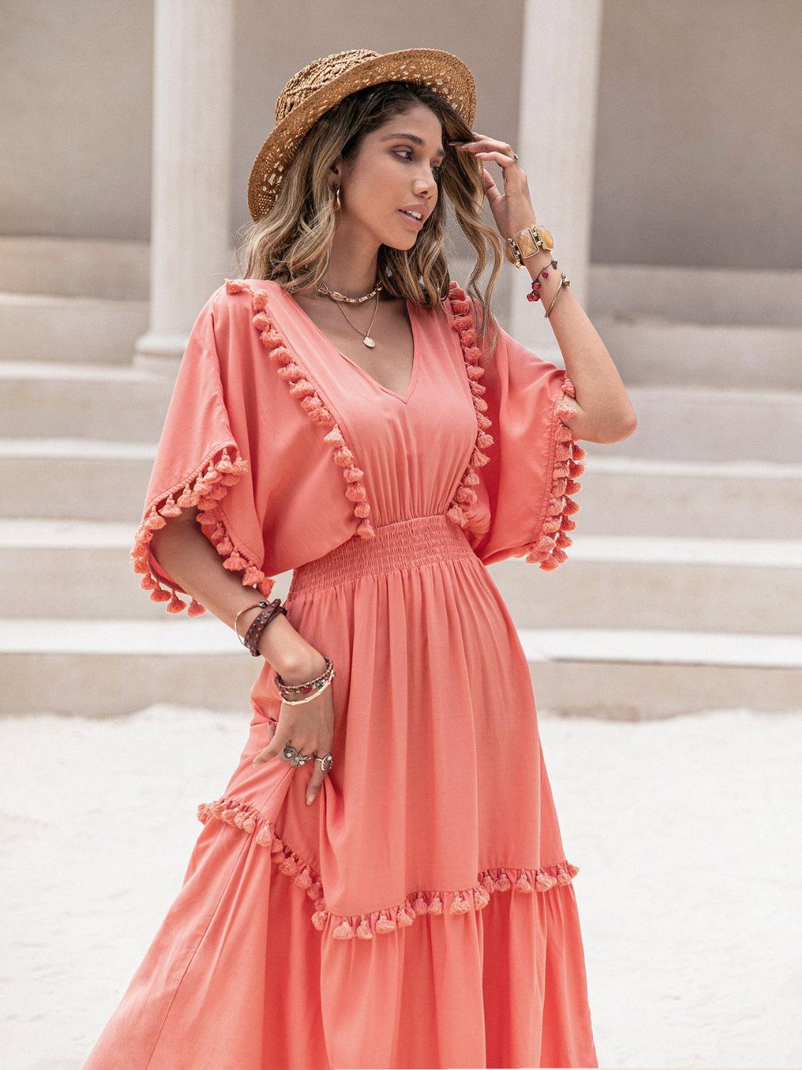 Tassel Trim Smocked V-Neck Short Sleeve Dress Carauana Store
