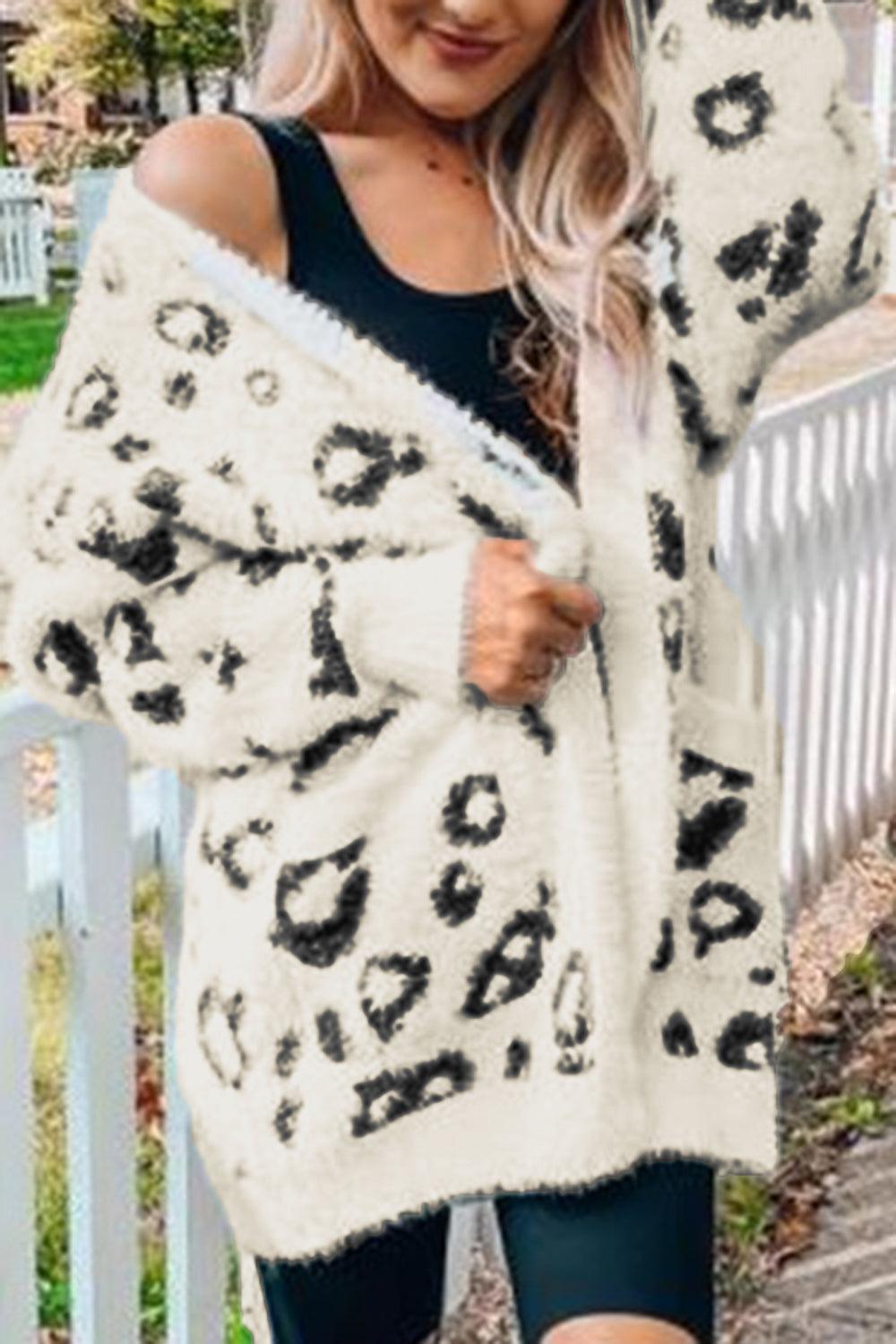 Leopard Open Front Cardigan with Pockets Carauana Store